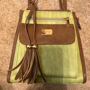 Liz Soto handbag/backpack. New w/tags. Apple green with brown trim